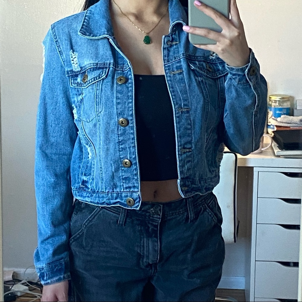 forever 21 ripped cropped denim jean jacket